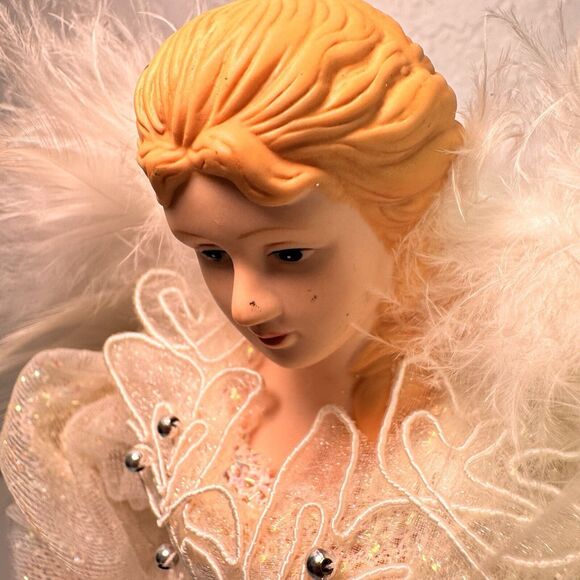 Angel Tree Topper Christmas White‎ with Beads Tulle Feathers 12 In - Picture 9 of 11